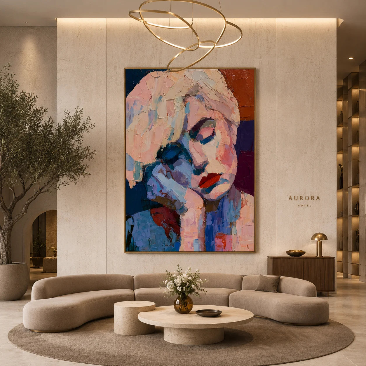 Abstract Contemplative Woman Portrait Hand-Painted Oil Painting | Blue and Blush Textured Palette Knife Wall Art for Modern Interiors