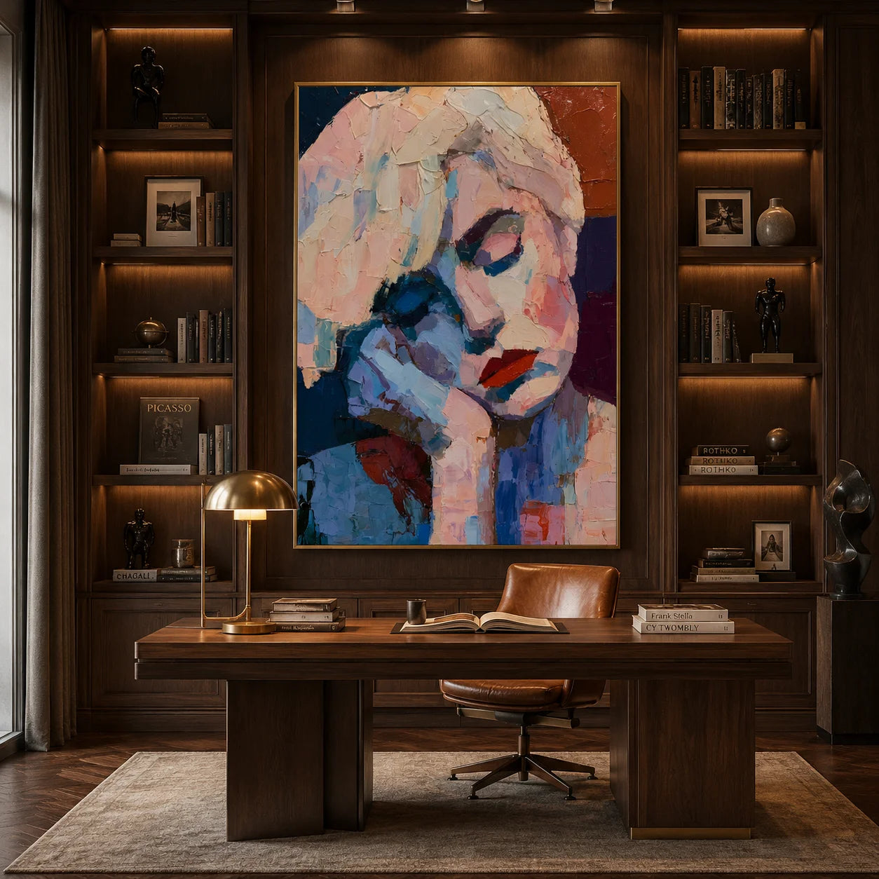 Abstract Contemplative Woman Portrait Hand-Painted Oil Painting | Blue and Blush Textured Palette Knife Wall Art for Modern Interiors