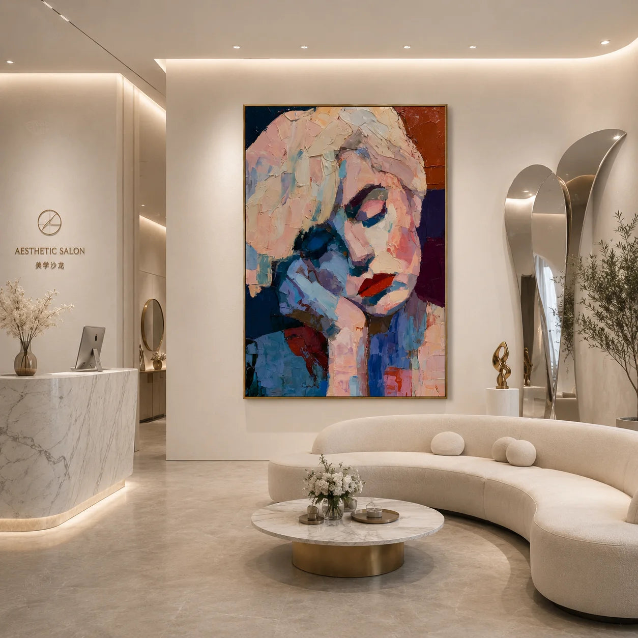 Abstract Contemplative Woman Portrait Hand-Painted Oil Painting | Blue and Blush Textured Palette Knife Wall Art for Modern Interiors