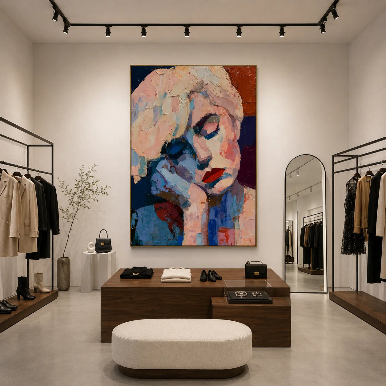 Abstract Contemplative Woman Portrait Hand-Painted Oil Painting | Blue and Blush Textured Palette Knife Wall Art for Modern Interiors