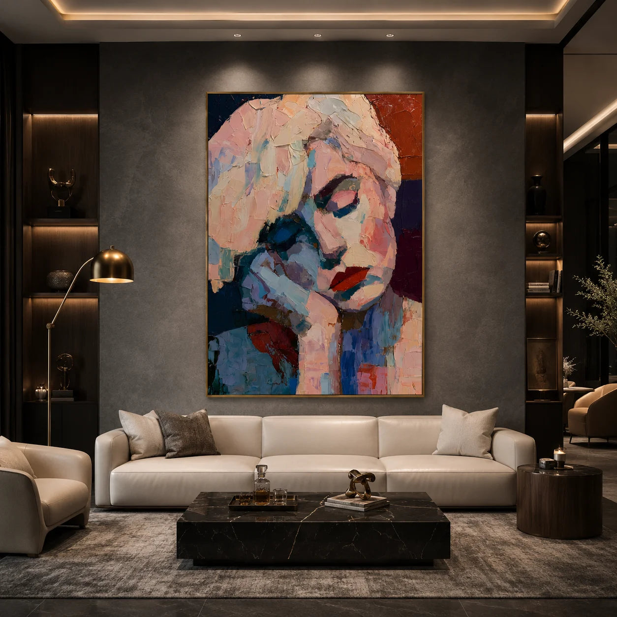Abstract Contemplative Woman Portrait Hand-Painted Oil Painting | Blue and Blush Textured Palette Knife Wall Art for Modern Interiors