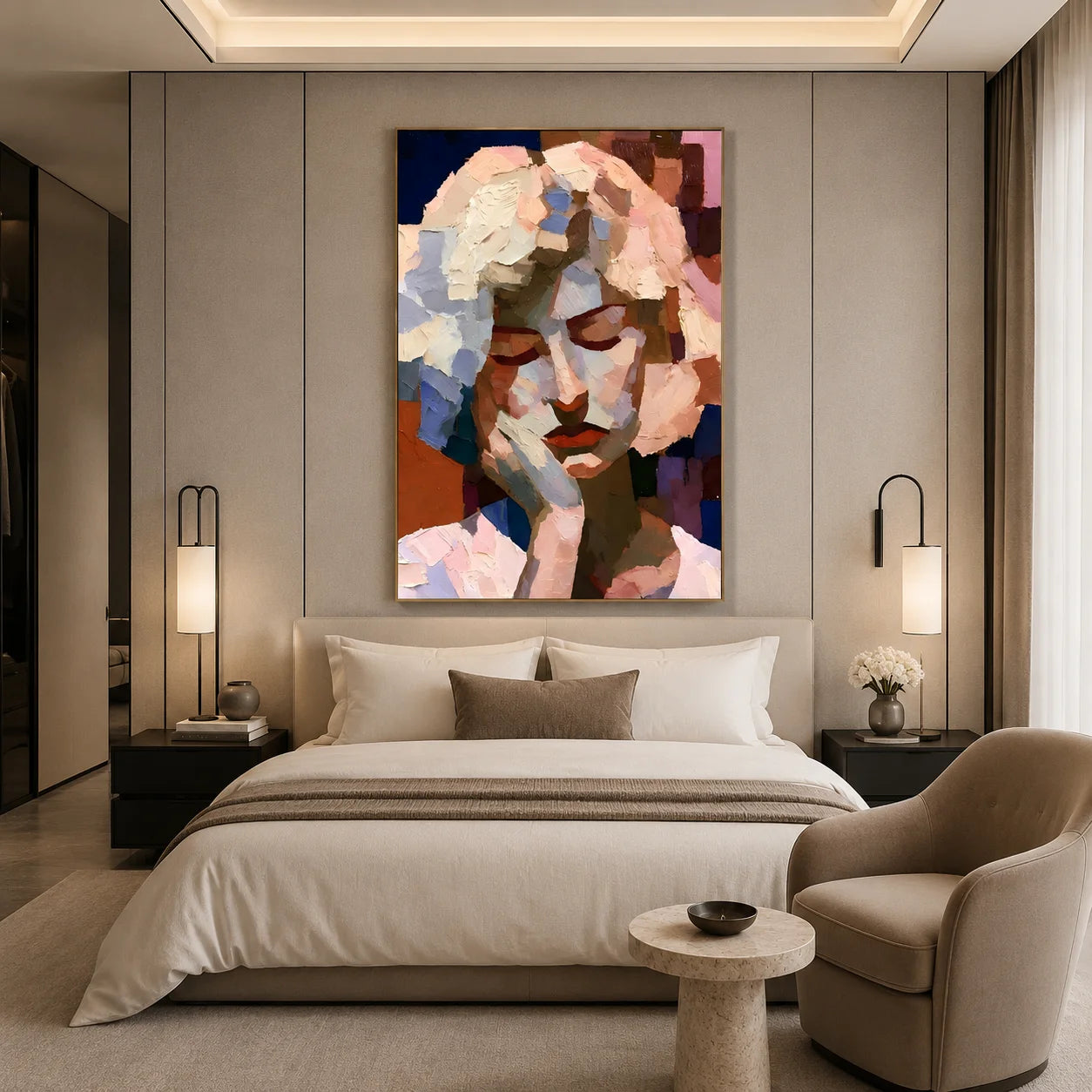Abstract Contemplative Woman Portrait Hand-Painted Oil Painting | Textured Palette Knife Figurative Wall Art for Modern Interiors # OA 1114