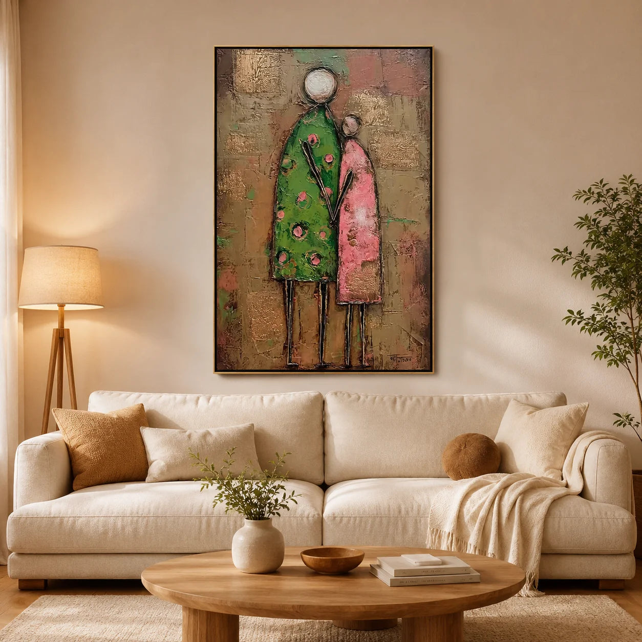 Abstract Family Figure Oil Painting, Textured Mother and Child Wall Art for Living Room Decor