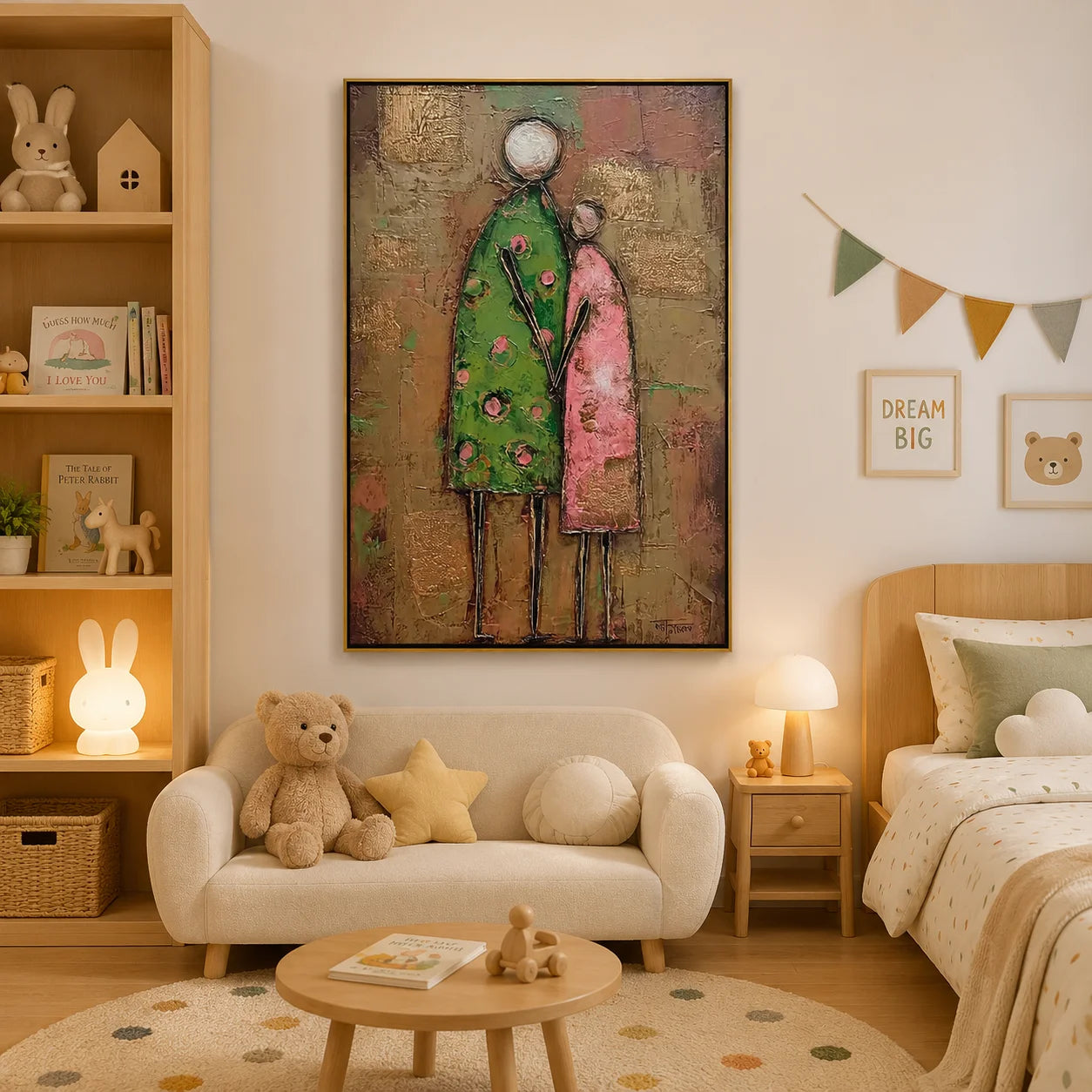 Abstract Family Figure Oil Painting, Textured Mother and Child Wall Art for Living Room Decor