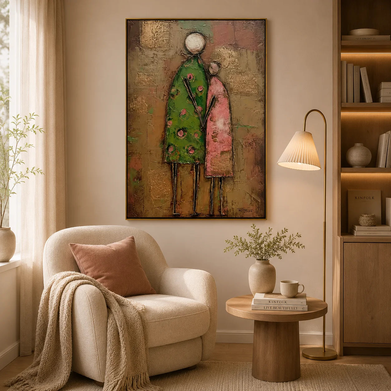 Abstract Family Figure Oil Painting, Textured Mother and Child Wall Art for Living Room Decor