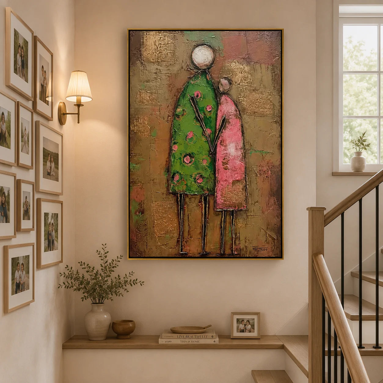 Abstract Family Figure Oil Painting, Textured Mother and Child Wall Art for Living Room Decor