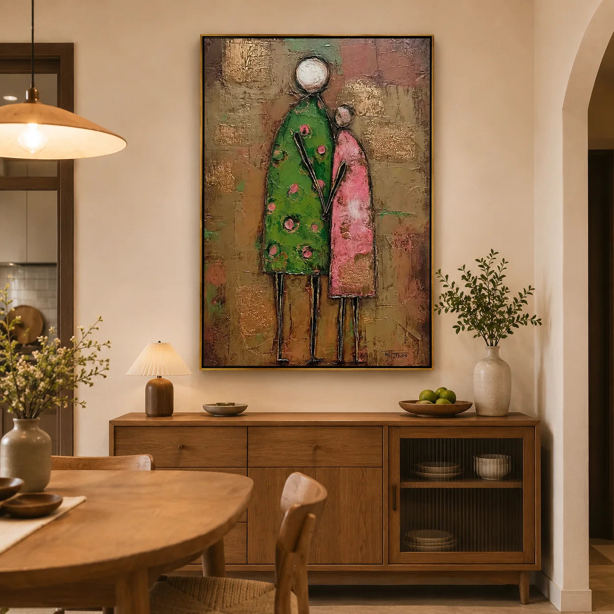 Abstract Family Figure Oil Painting, Textured Mother and Child Wall Art for Living Room Decor