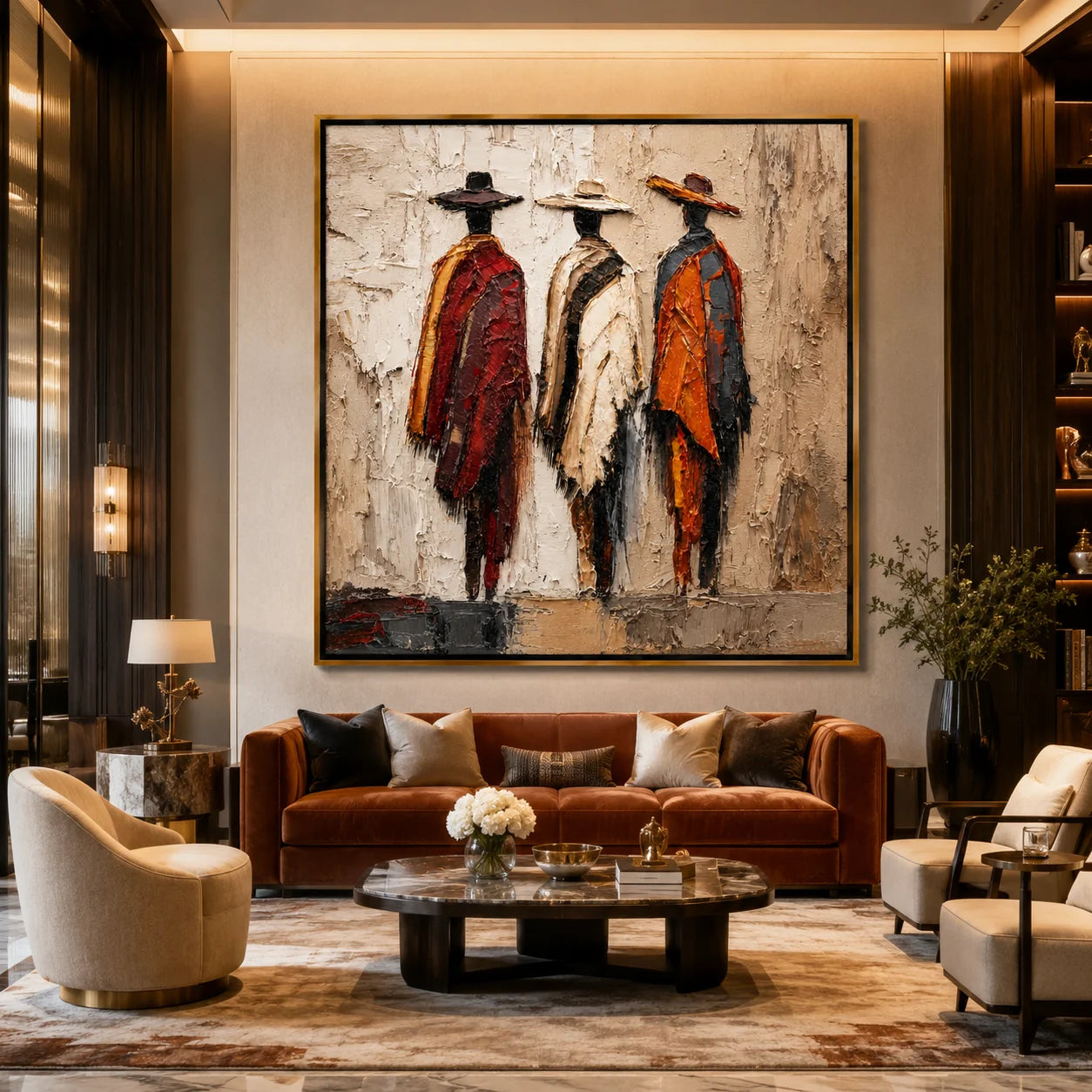 Abstract Figurative Hand-Painted Oil Painting, Textured Three Women Canvas Wall Art for Modern Luxury Home Decor #OA0952