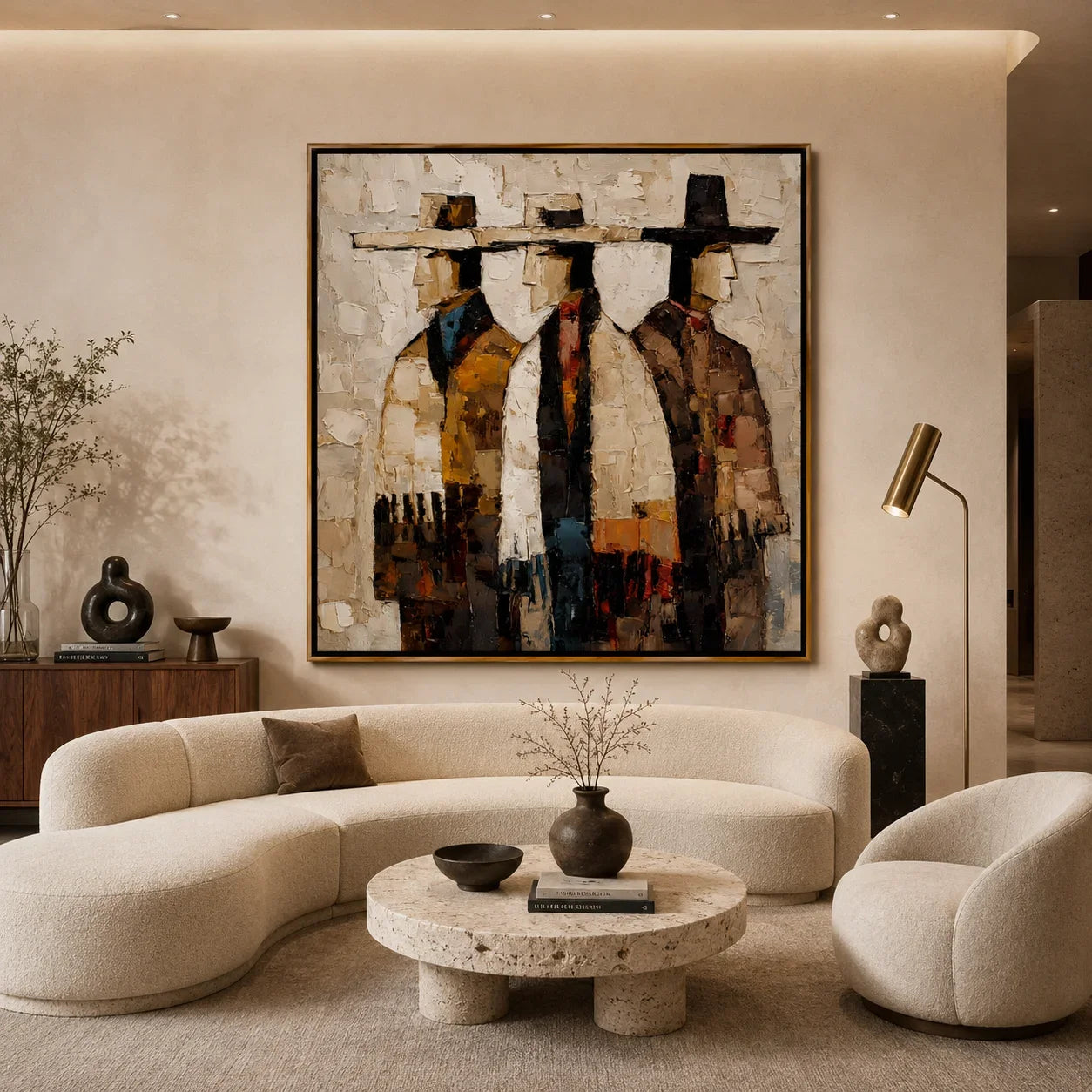 Abstract Three Figures Hand-Painted Oil Painting | Modern Figurative Wall Art with Textured Neutral Tones #OA 1008