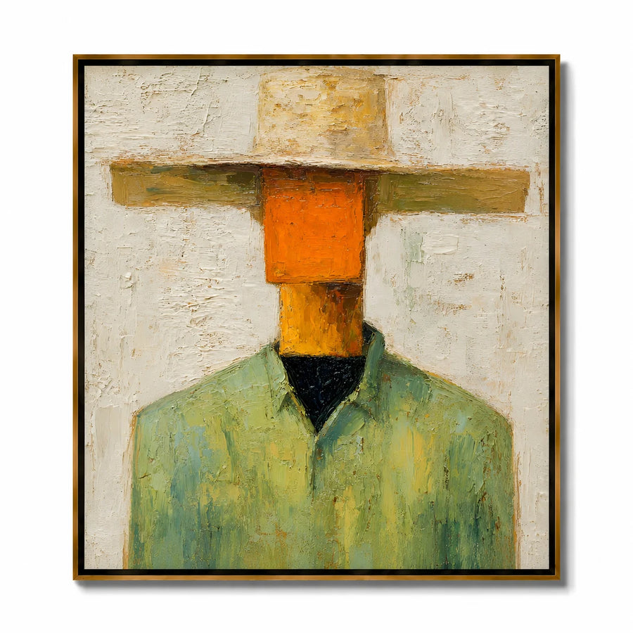 Abstract Western Cowboy Hand-Painted Oil Painting, Textured Minimalist Portrait Wall Art for Modern Home Decor#OA 0966