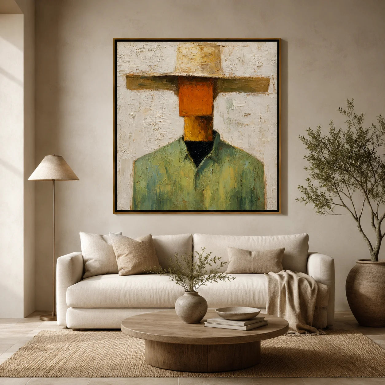 Abstract Western Cowboy Hand-Painted Oil Painting, Textured Minimalist Portrait Wall Art for Modern Home Decor#OA0966