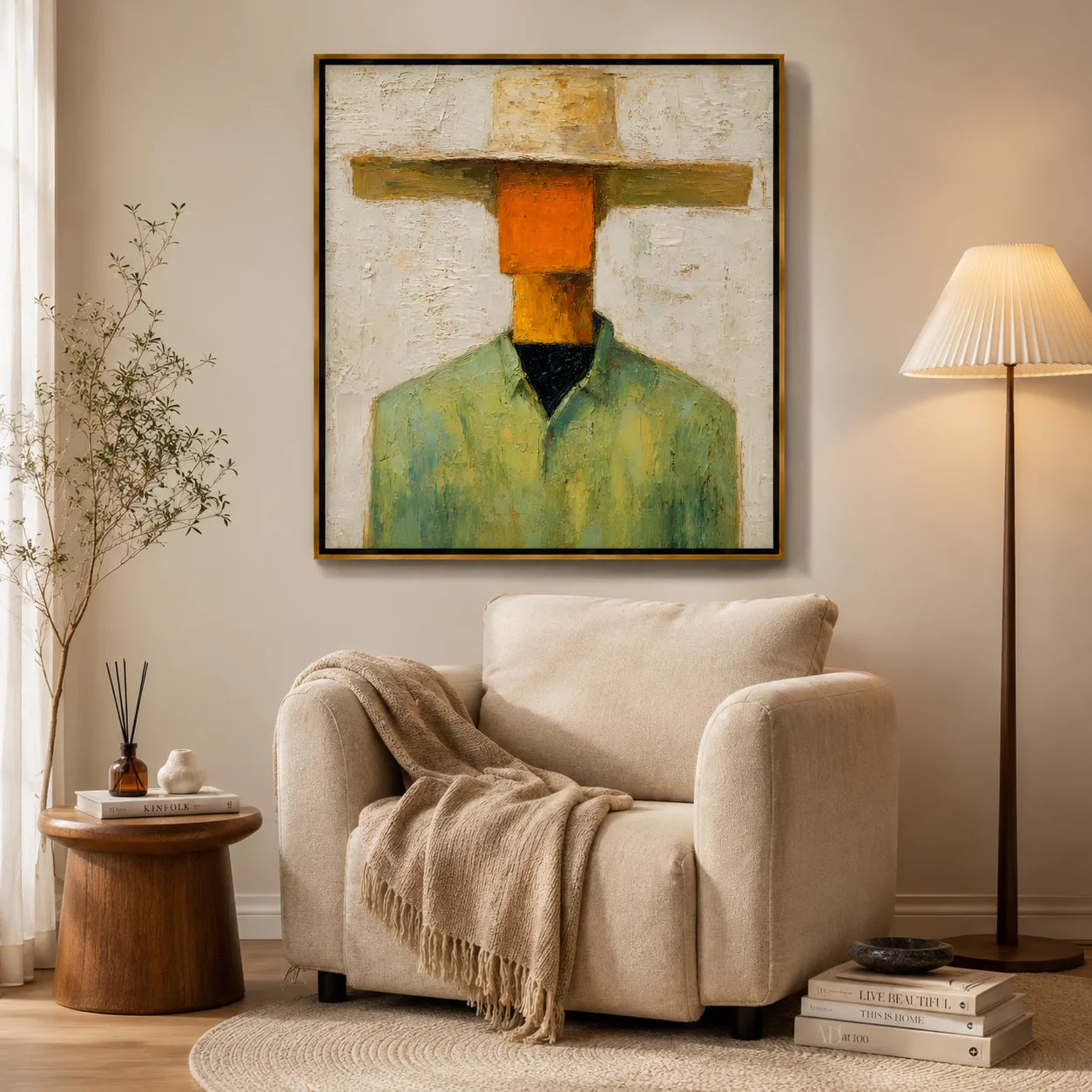 Abstract Western Cowboy Hand-Painted Oil Painting, Textured Minimalist Portrait Wall Art for Modern Home Decor#OA0966