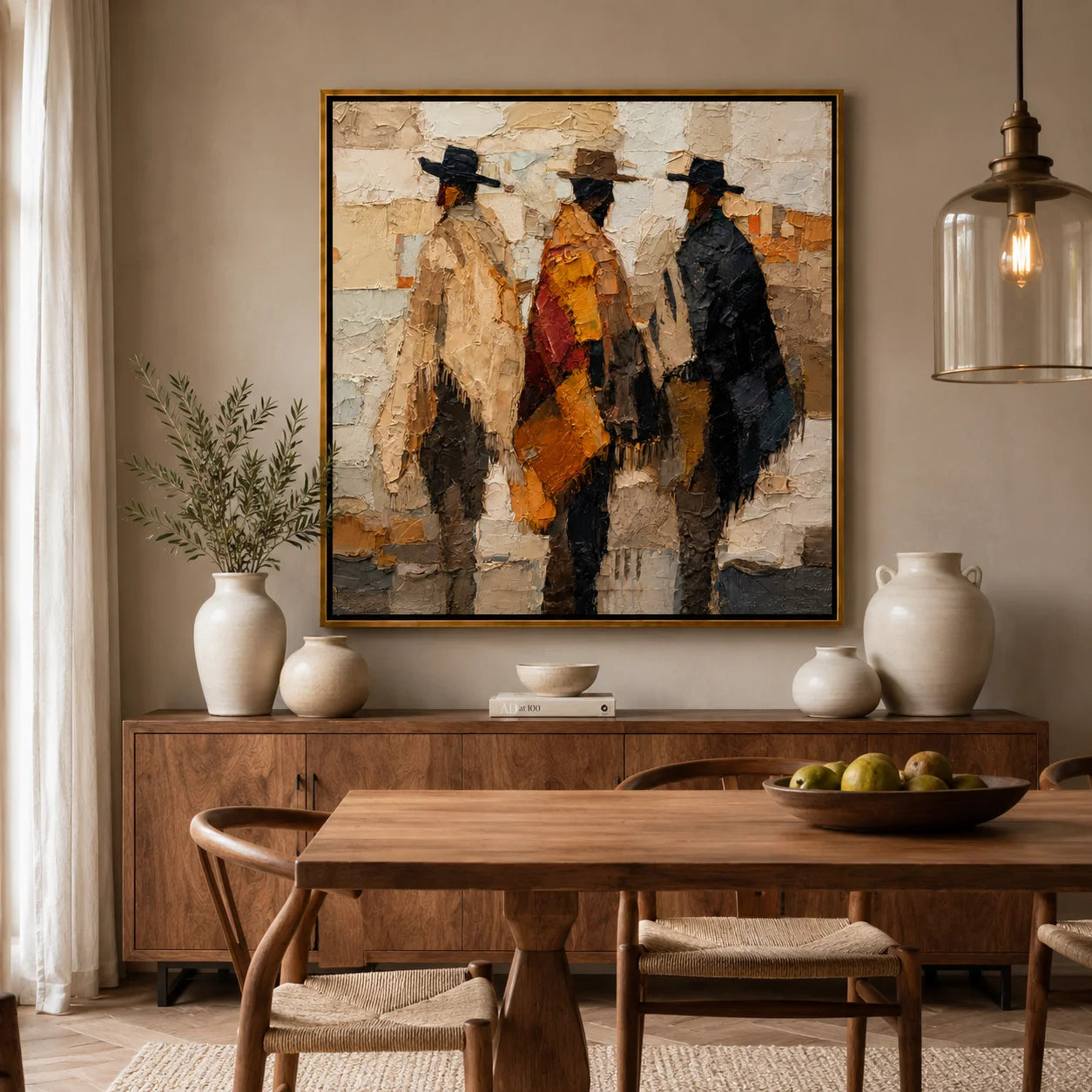 Abstract Western Cowboys Hand-Painted Oil Painting, Textured Figurative Canvas Wall Art for Modern Rustic Home Decor #OA0954