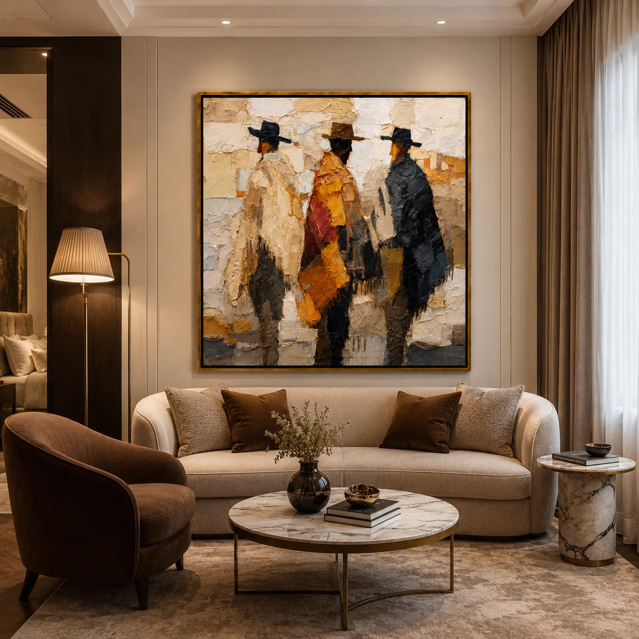 Abstract Western Cowboys Hand-Painted Oil Painting, Textured Figurative Canvas Wall Art for Modern Rustic Home Decor #OA0954
