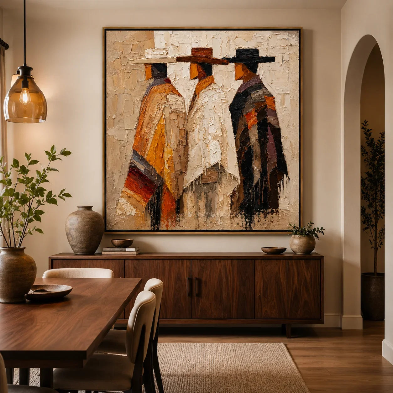 Abstract Western Figures Hand-Painted Oil Painting, Textured Three Cowboys Canvas Wall Art for Modern Rustic Home Decor #OA0953