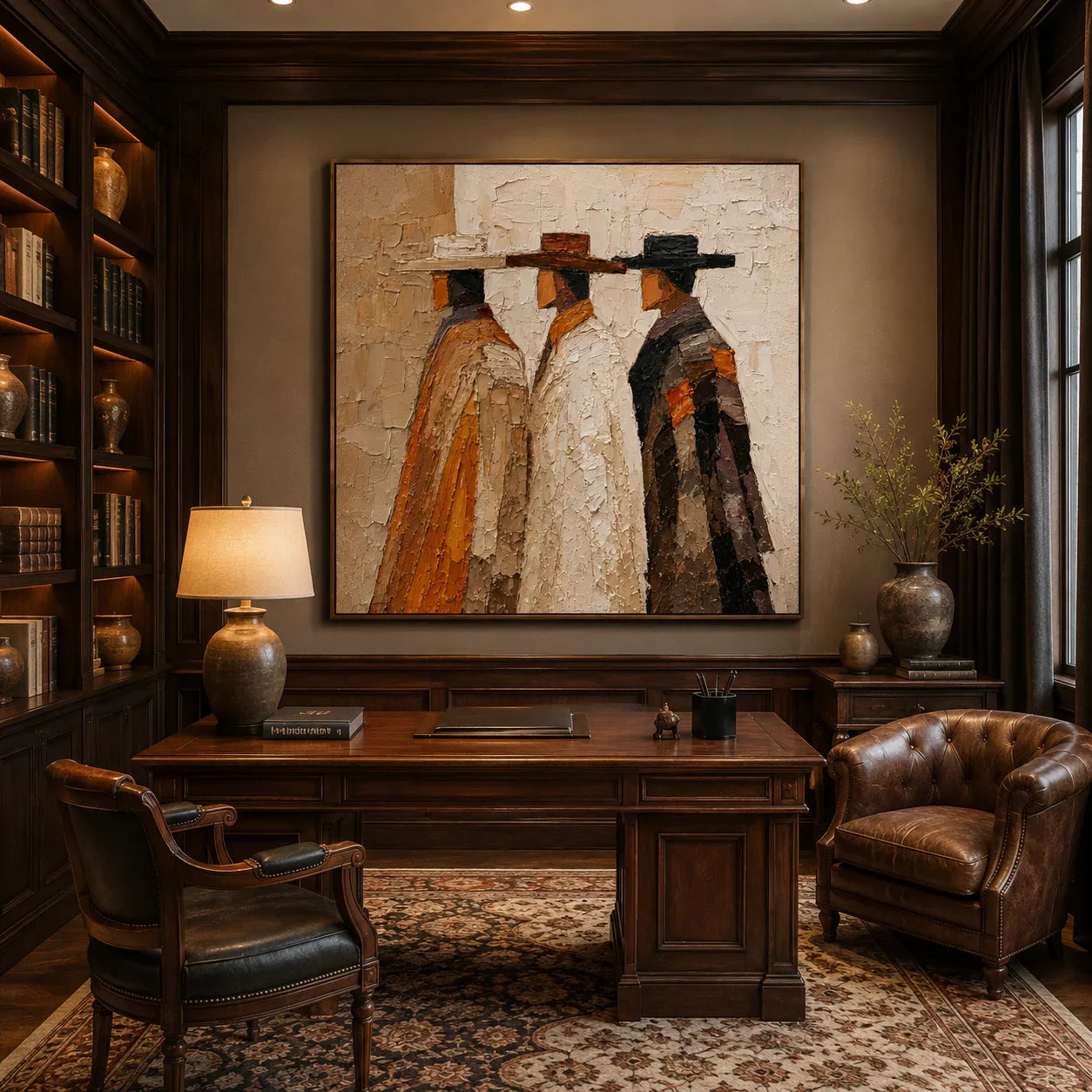 Abstract Western Figures Hand-Painted Oil Painting, Textured Three Cowboys Canvas Wall Art for Modern Rustic Home Decor #OA0953