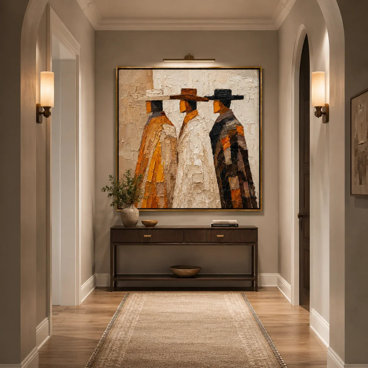 Abstract Western Figures Hand-Painted Oil Painting, Textured Three Cowboys Canvas Wall Art for Modern Rustic Home Decor #OA0953
