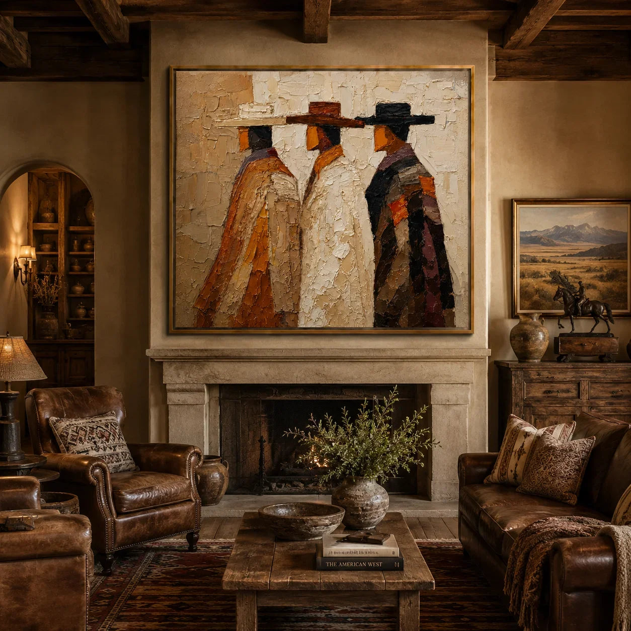 Abstract Western Figures Hand-Painted Oil Painting, Textured Three Cowboys Canvas Wall Art for Modern Rustic Home Decor #OA0953