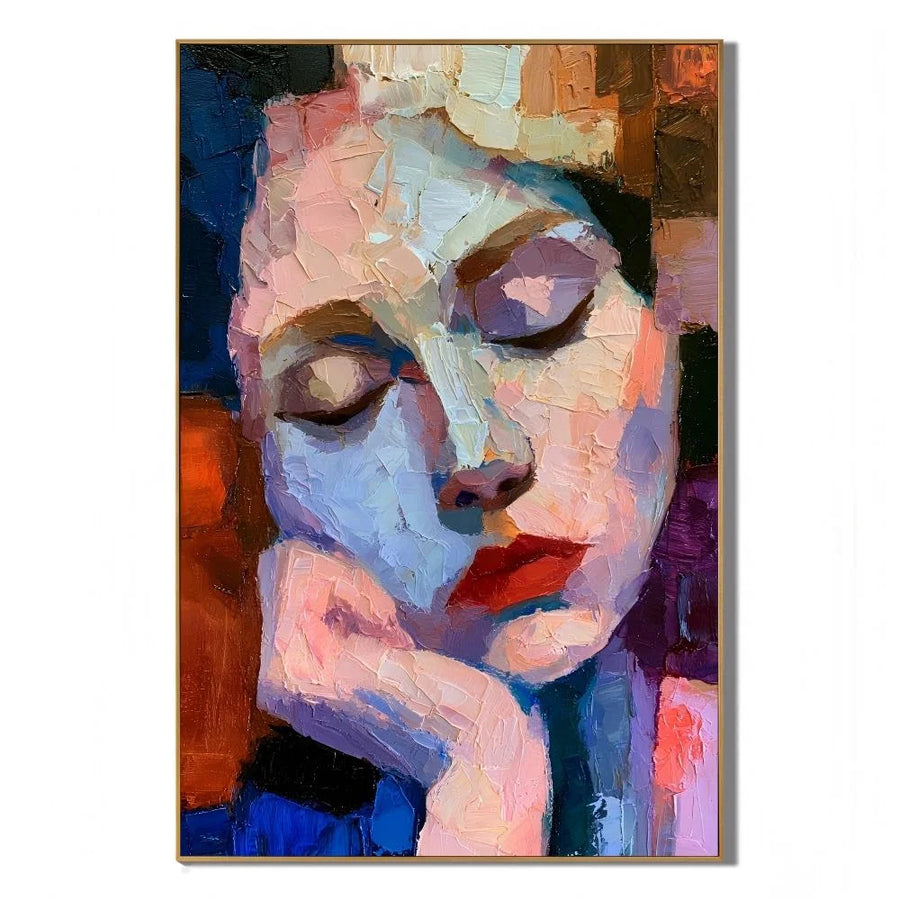 Abstract Woman with Closed Eyes Hand-Painted Oil Painting | Blue and Blush Textured Palette Knife Portrait Wall Art for Modern Interiors # OA 1131
