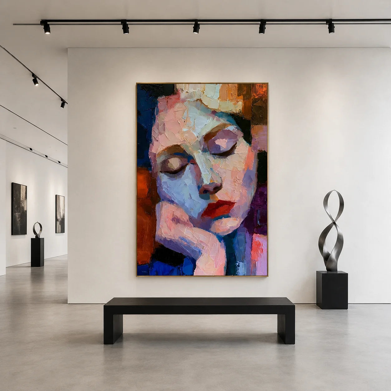 Abstract Woman with Closed Eyes Hand-Painted Oil Painting | Blue and Blush Textured Palette Knife Portrait Wall Art for Modern Interiors