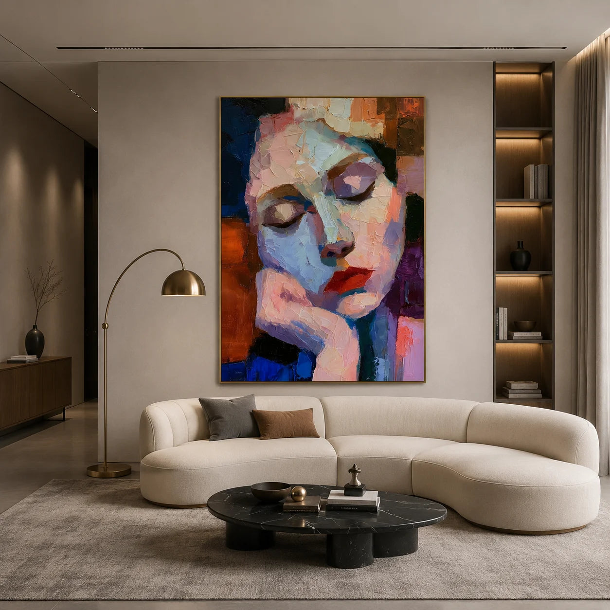Abstract Woman with Closed Eyes Hand-Painted Oil Painting | Blue and Blush Textured Palette Knife Portrait Wall Art for Modern Interiors