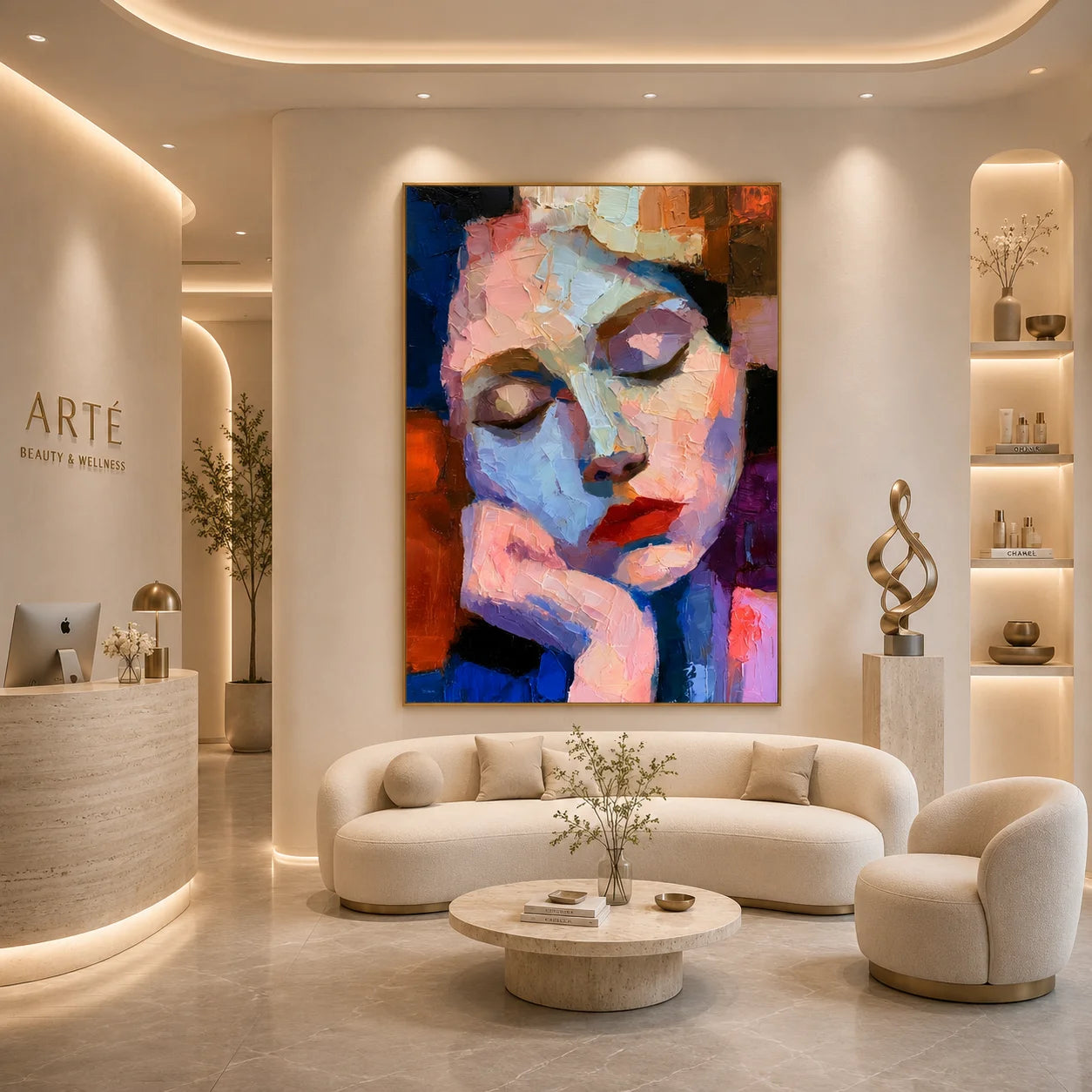 Abstract Woman with Closed Eyes Hand-Painted Oil Painting | Blue and Blush Textured Palette Knife Portrait Wall Art for Modern Interiors