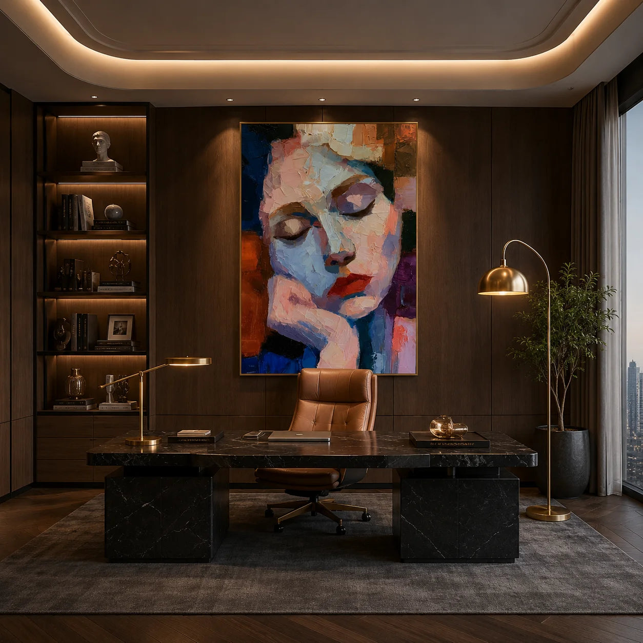 Abstract Woman with Closed Eyes Hand-Painted Oil Painting | Blue and Blush Textured Palette Knife Portrait Wall Art for Modern Interiors