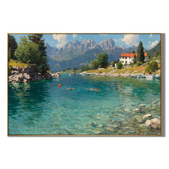 Alpine Lake Landscape Hand-Painted Oil Painting, Mountain Lake Wall Art for Living Room Decor # OA 1155