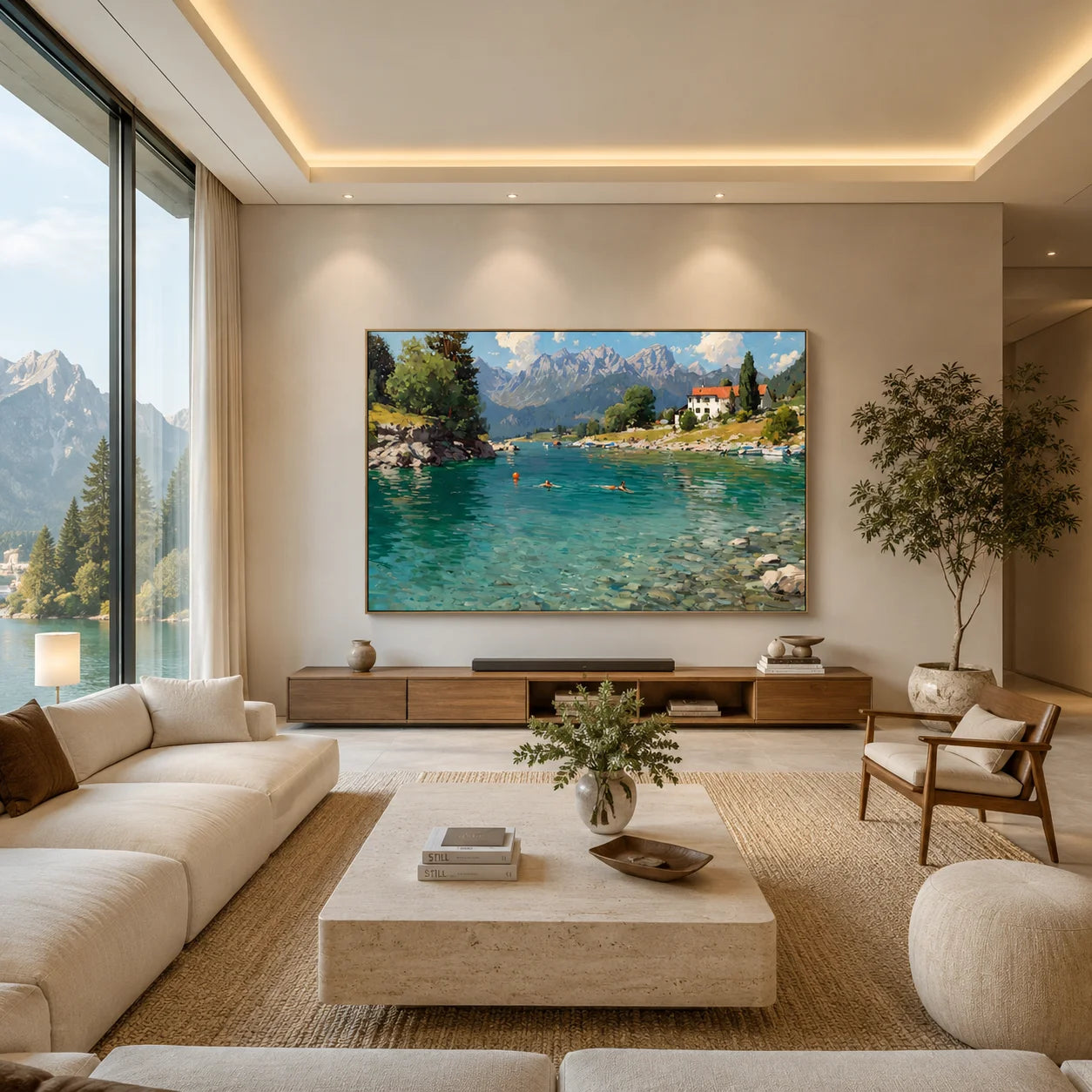 Alpine Lake Landscape Hand-Painted Oil Painting, Mountain Lake Wall Art for Living Room Decor # OA 1044