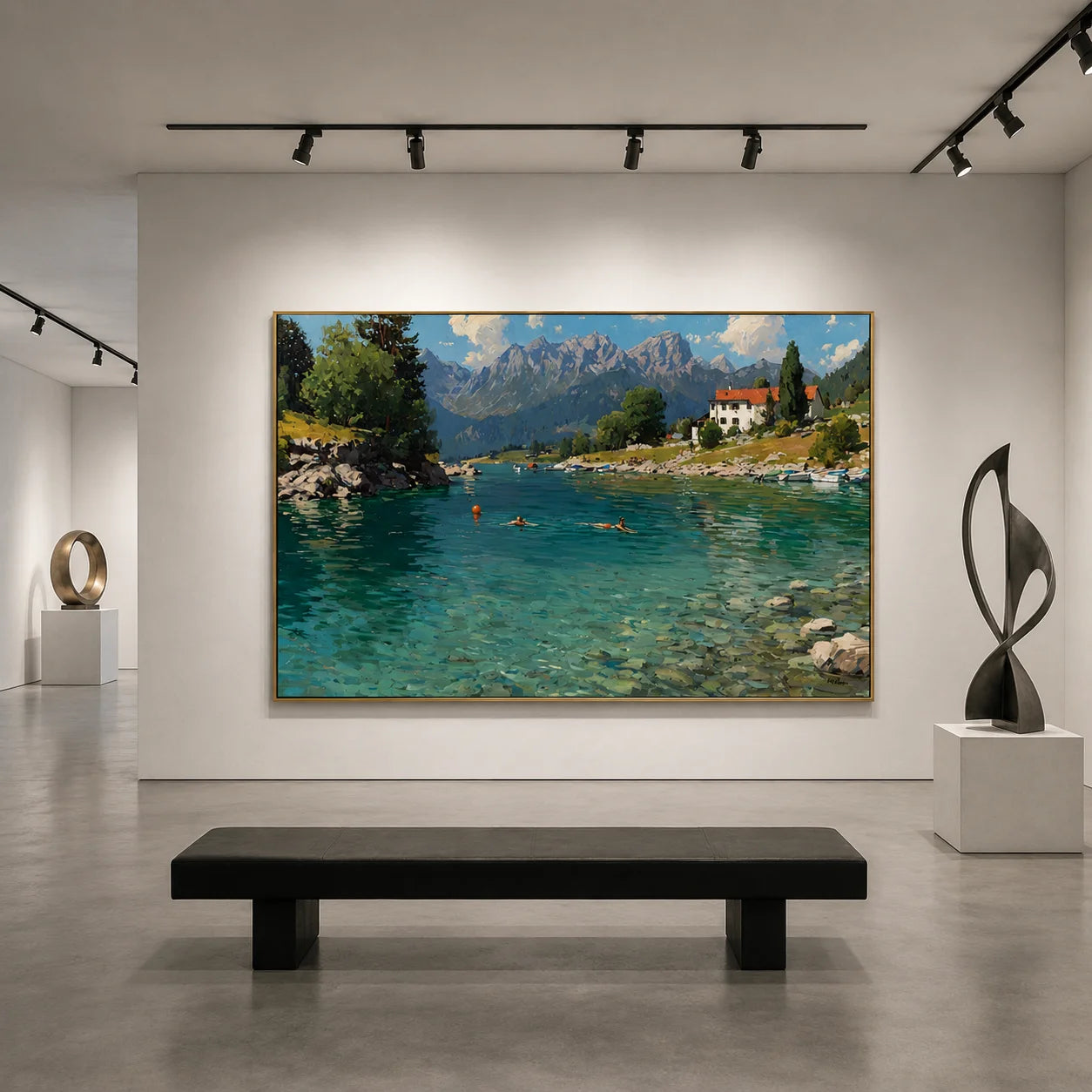 Alpine Lake Landscape Hand-Painted Oil Painting, Mountain Lake Wall Art for Living Room Decor # OA 1044