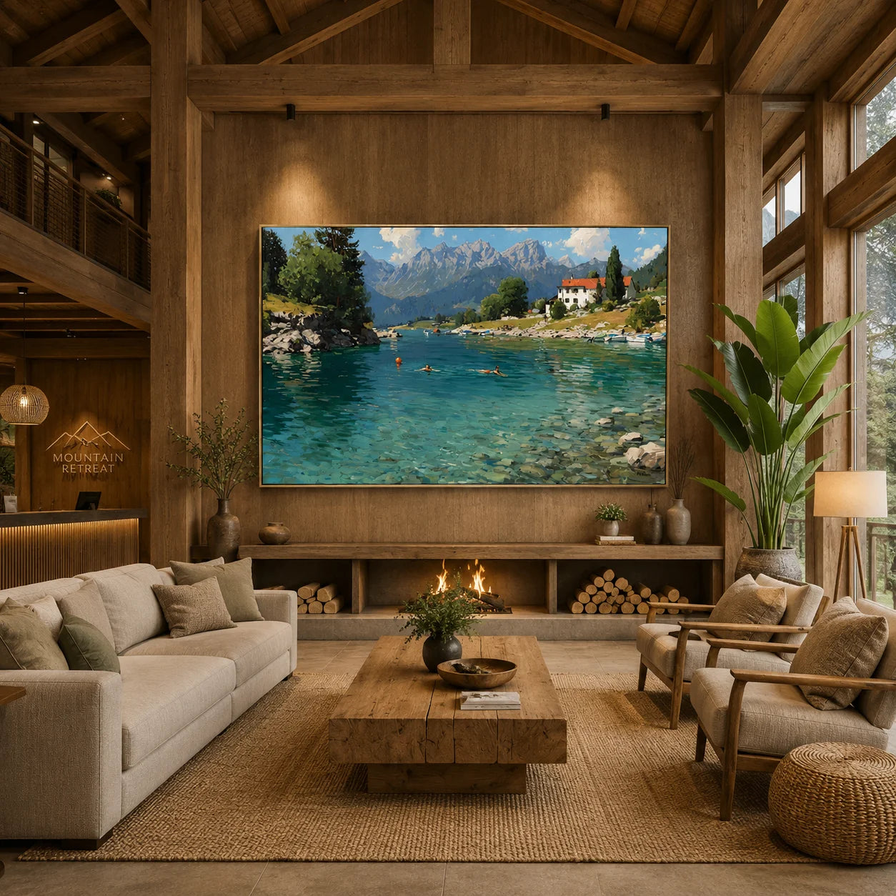 Alpine Lake Landscape Hand-Painted Oil Painting, Mountain Lake Wall Art for Living Room Decor # OA 1044