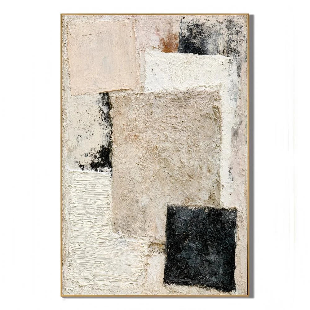 Beige and Black Geometric Textured Abstract Oil Painting – Vertical Wabi-Sabi Minimalist Wall Art # OA 1200