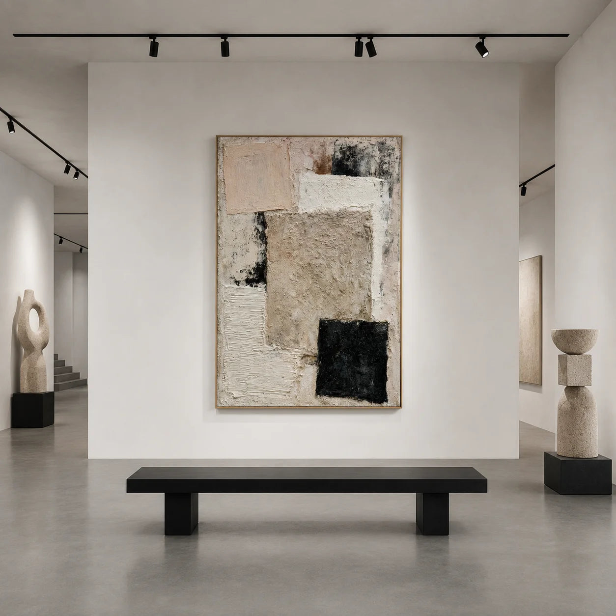 Beige and Black Geometric Textured Abstract Oil Painting – Vertical Wabi-Sabi Minimalist Wall Art # OA 1200