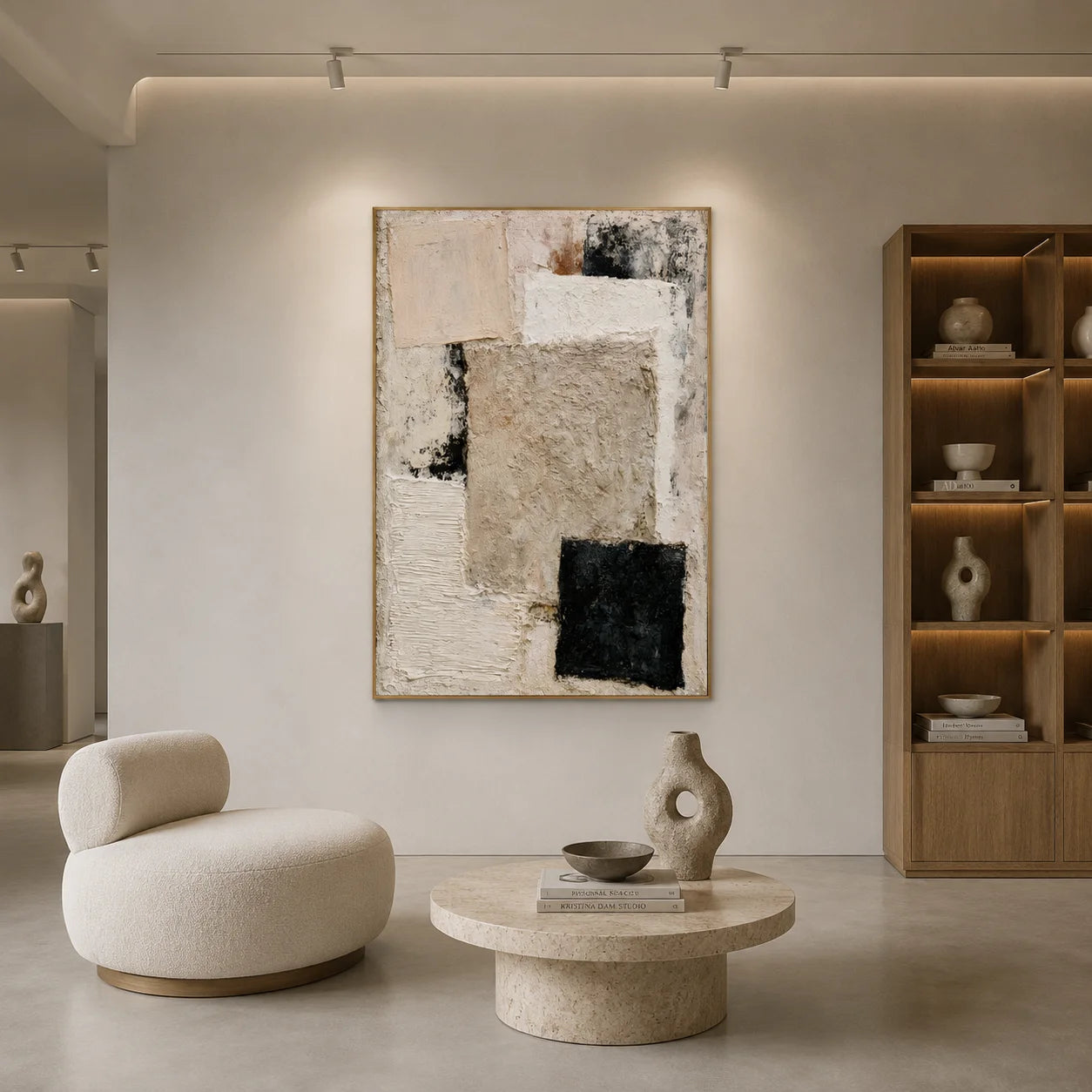 Beige and Black Geometric Textured Abstract Oil Painting – Vertical Wabi-Sabi Minimalist Wall Art # OA 1200