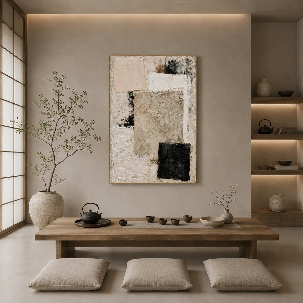 Beige and Black Geometric Textured Abstract Oil Painting – Vertical Wabi-Sabi Minimalist Wall Art # OA 1200