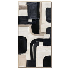Black Beige Geometric Abstract Hand-Painted Oil Painting | Modern Minimalist Textured Wall Art # OA 1031