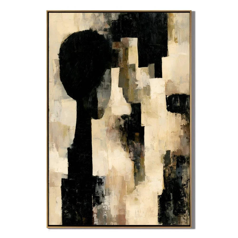Black Beige Geometric Abstract Hand-Painted Oil Painting  Modern Minimalist Wall Art # OA 1078