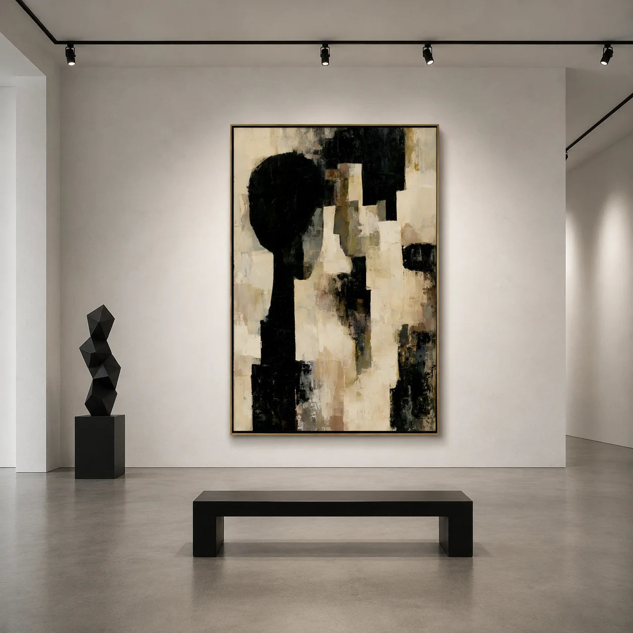 Black Beige Geometric Abstract Hand-Painted Oil Painting  Modern Minimalist Wall Art # OA 1078