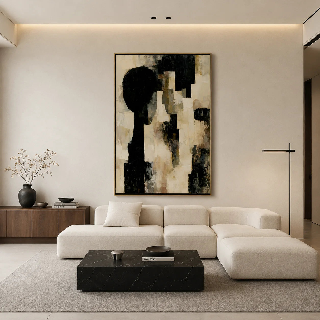 Black Beige Geometric Abstract Hand-Painted Oil Painting  Modern Minimalist Wall Art # OA 1078