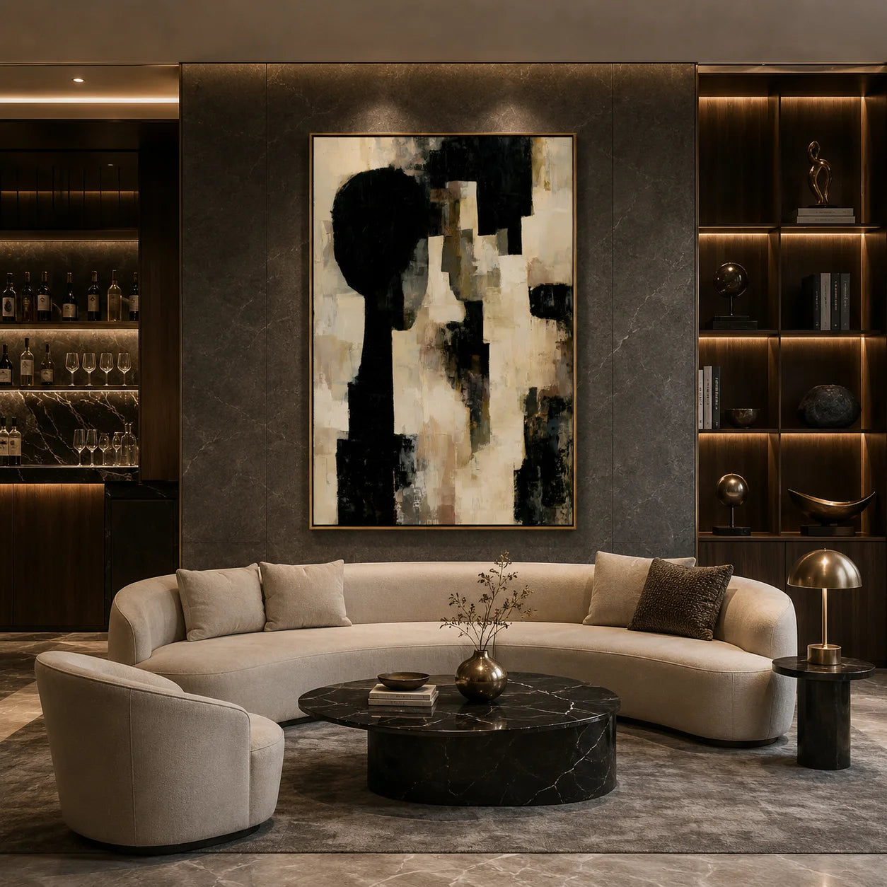 Black Beige Geometric Abstract Hand-Painted Oil Painting  Modern Minimalist Wall Art # OA 1078