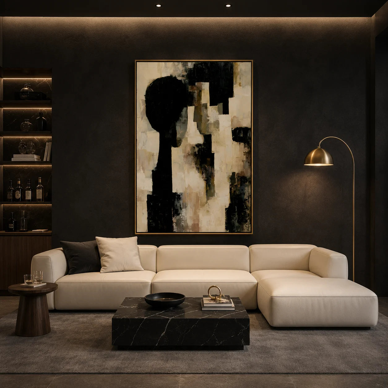 Black Beige Geometric Abstract Hand-Painted Oil Painting  Modern Minimalist Wall Art # OA 1078