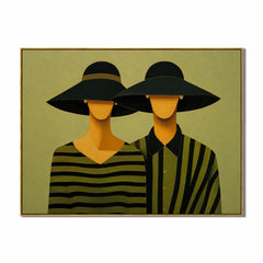 Black Hat Couple Hand-Painted Oil Painting | Modern Abstract Figurative Wall Art with Green Striped Design#OA 1014