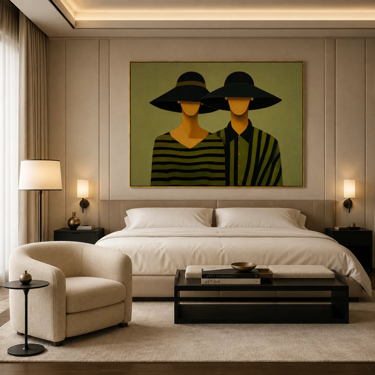 Black Hat Couple Hand-Painted Oil Painting | Modern Abstract Figurative Wall Art with Green Striped Design#OA 1014