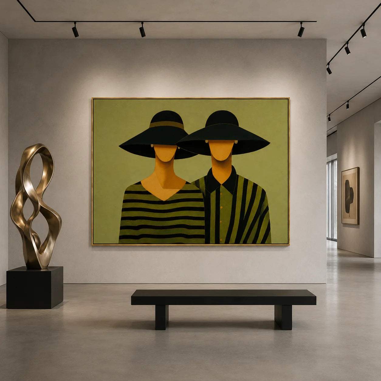 Black Hat Couple Hand-Painted Oil Painting | Modern Abstract Figurative Wall Art with Green Striped Design#OA 1014