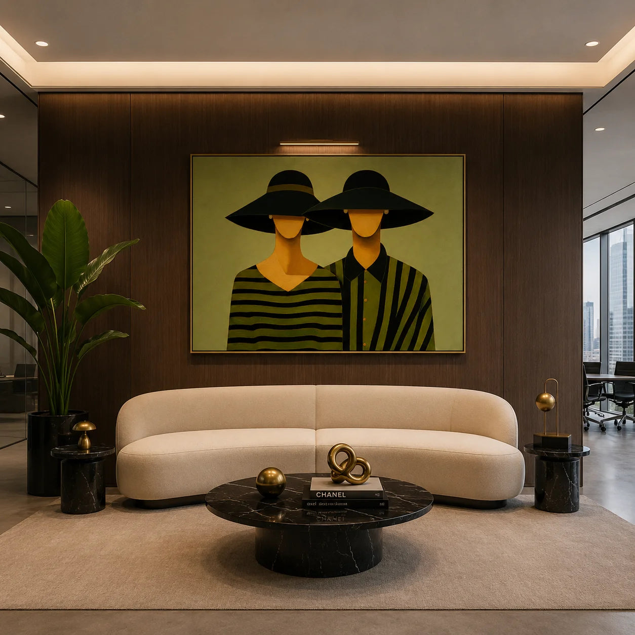 Black Hat Couple Hand-Painted Oil Painting | Modern Abstract Figurative Wall Art with Green Striped Design#OA 1014