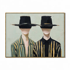 Black Hat Couple Hand-Painted Oil Painting | Modern Abstract Figurative Wall Art with Minimal Striped Design#OA1024