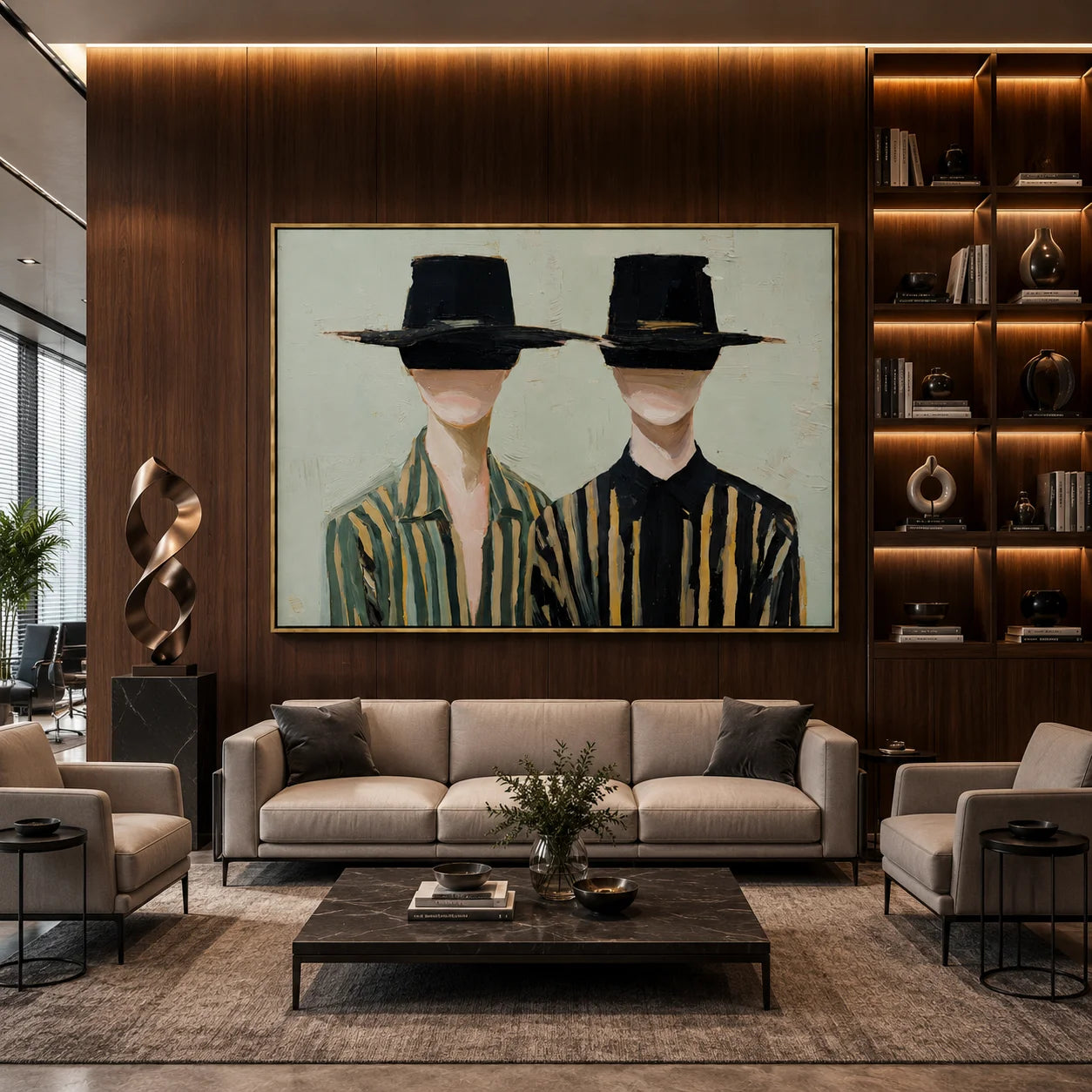 Black Hat Couple Hand-Painted Oil Painting | Modern Abstract Figurative Wall Art with Minimal Striped Design#OA1024