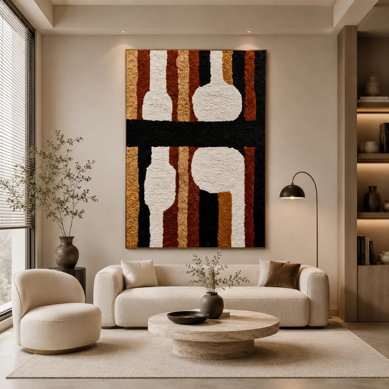 Black, White and Caramel Abstract Ceramic Vase Hand-Painted Oil Painting | Textured Geometric Still Life Wall Art for Modern Interiors
