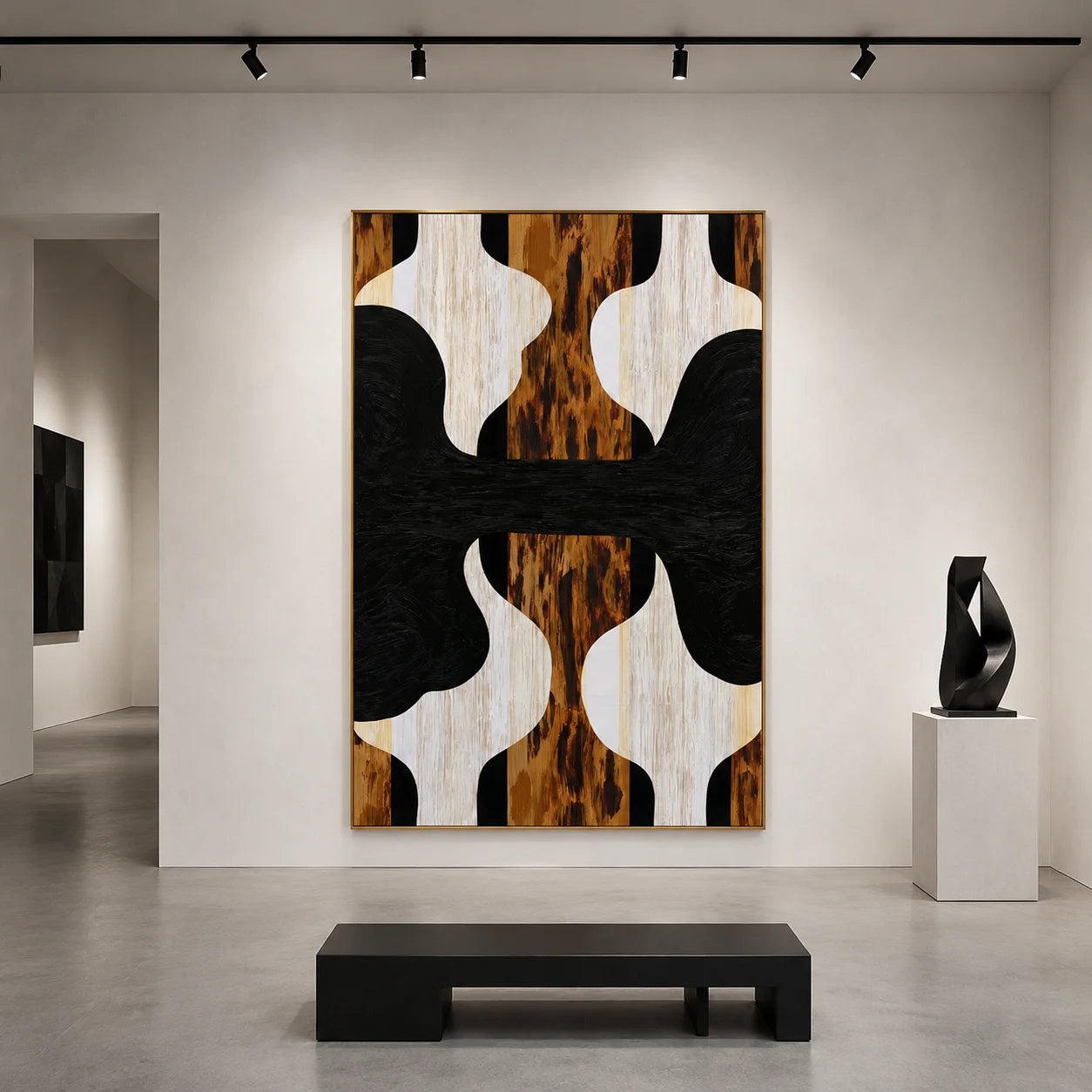 Black White and Walnut Wood Grain Abstract Geometric Hand-Painted Oil Painting | Modern Symmetrical Wall Art for Living Room Entryway and Dining Room