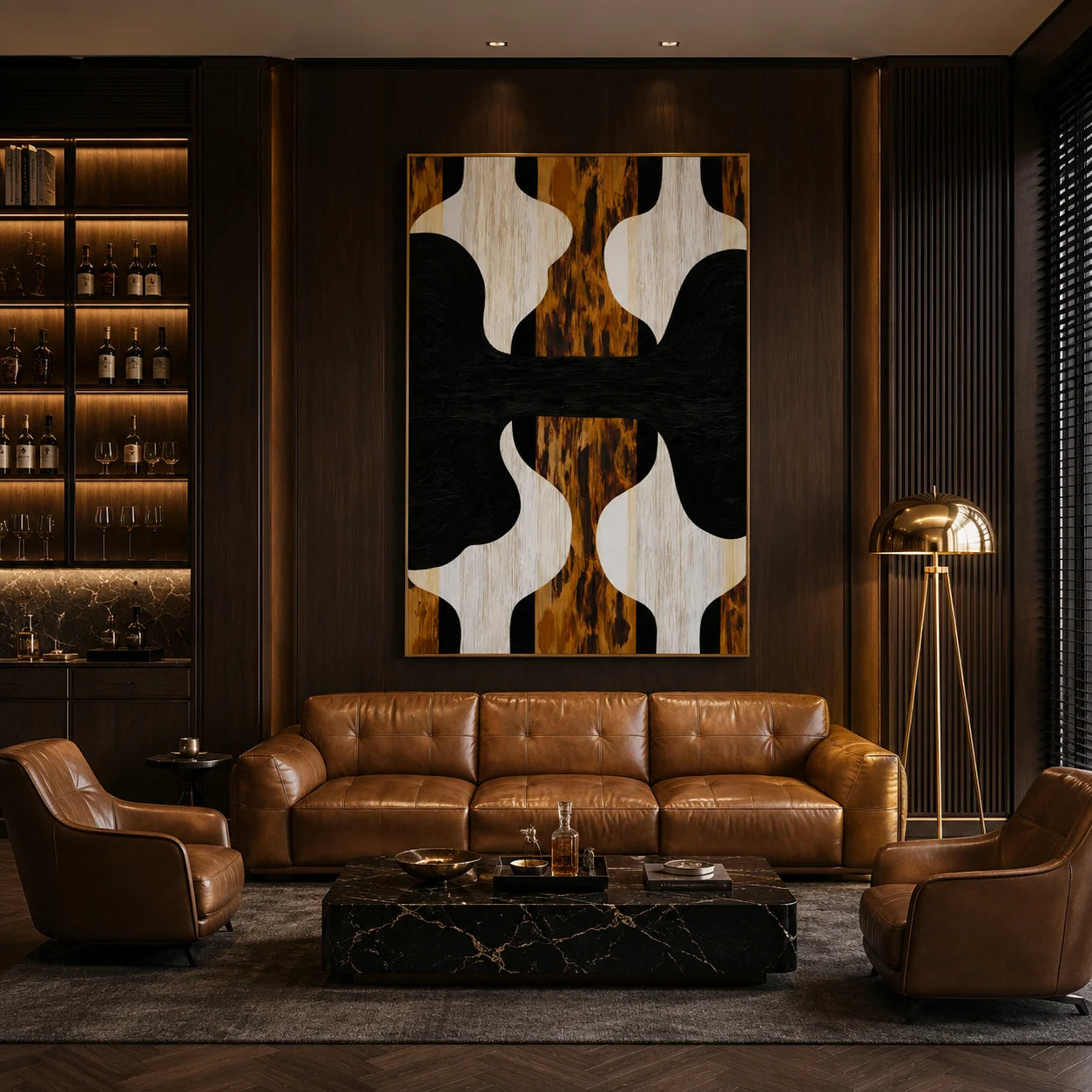 Black White and Walnut Wood Grain Abstract Geometric Hand-Painted Oil Painting | Modern Symmetrical Wall Art for Living Room Entryway and Dining Room